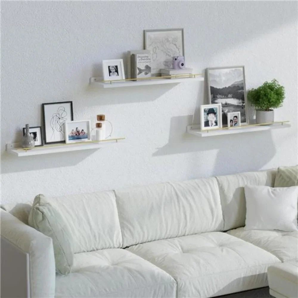 Floating Shelves 24 inches with‎ Gold Metal Guardrail, Wall Decor Set of 3